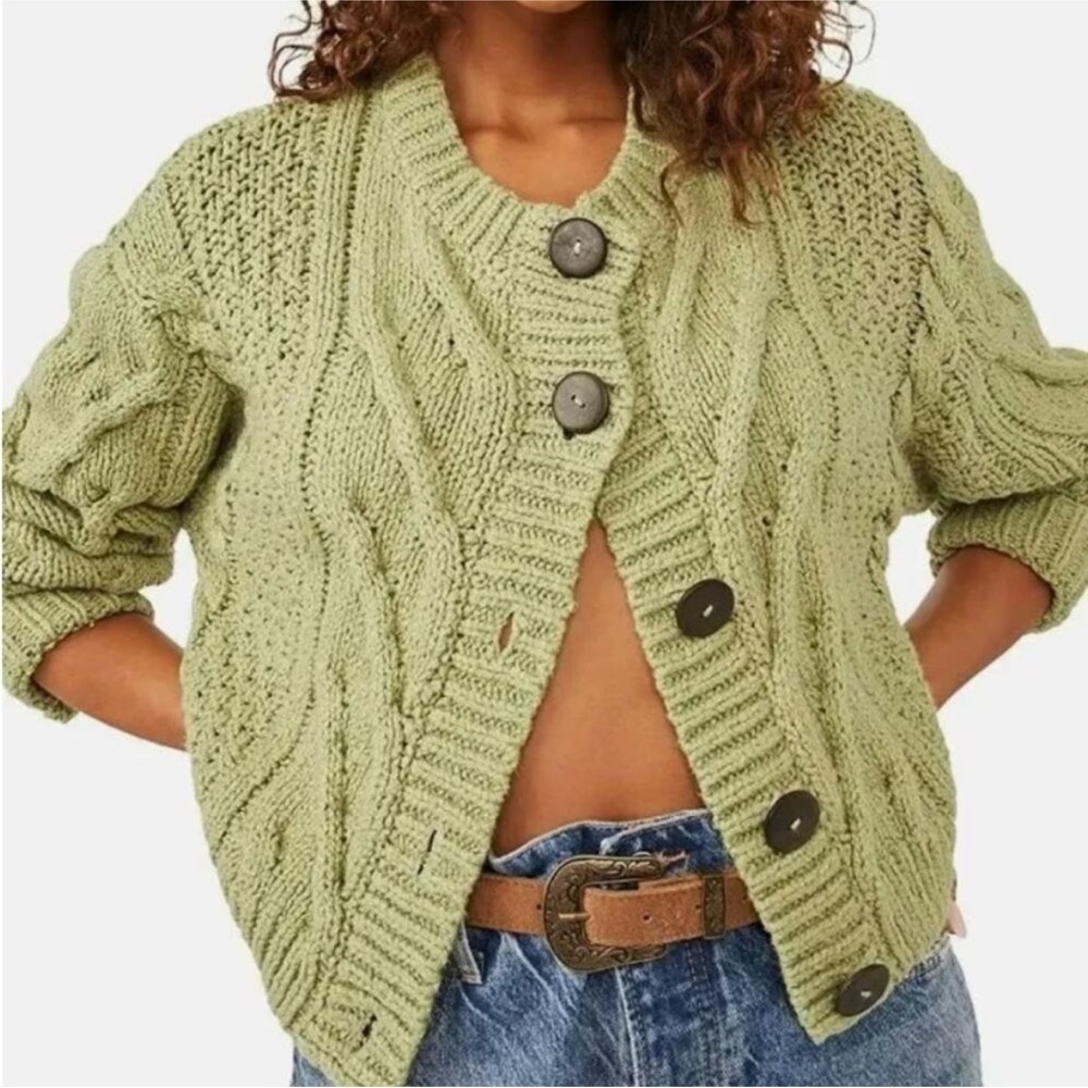 Free People Olive Green Cable Knit Button Cardigan - Picture 3 of 7